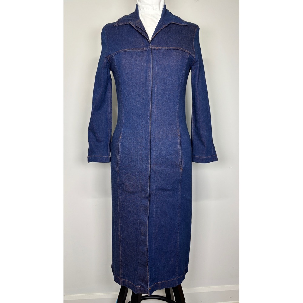 Vintage Rampage Denim Maxi Dress Dark Wash Long Sleeve Gold Button Front